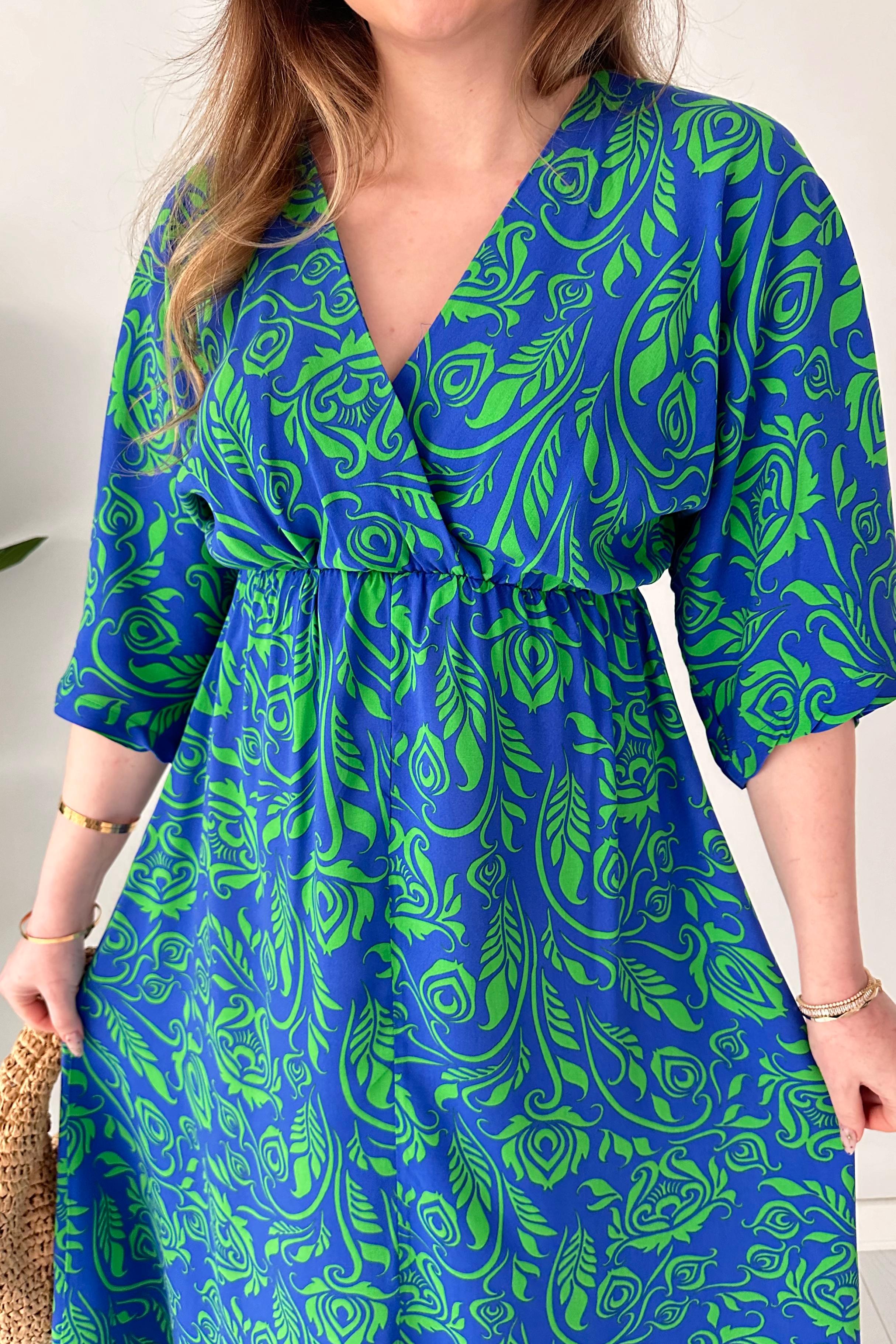 Yırtmaçlı Yarasa Kol Viskon Elbise Saks Mavisi