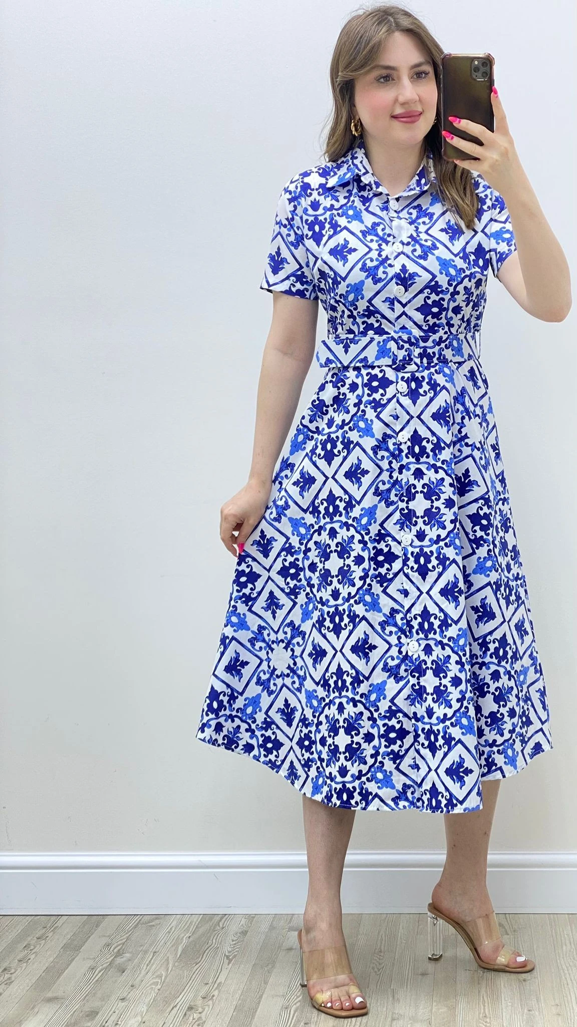 Etnik Poplin Gömlek Elbise Mavi