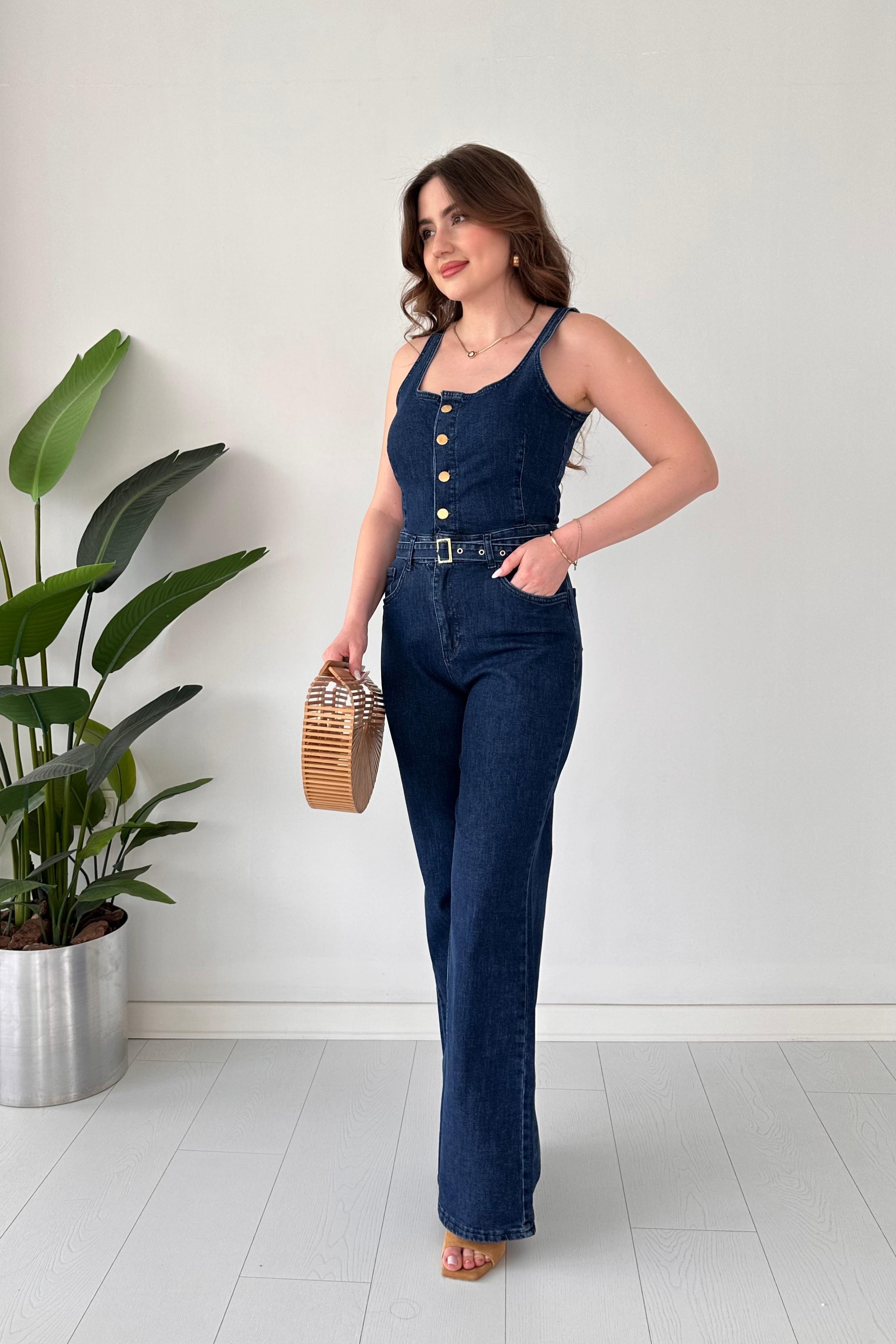 Askılı Flare Denim Tulum