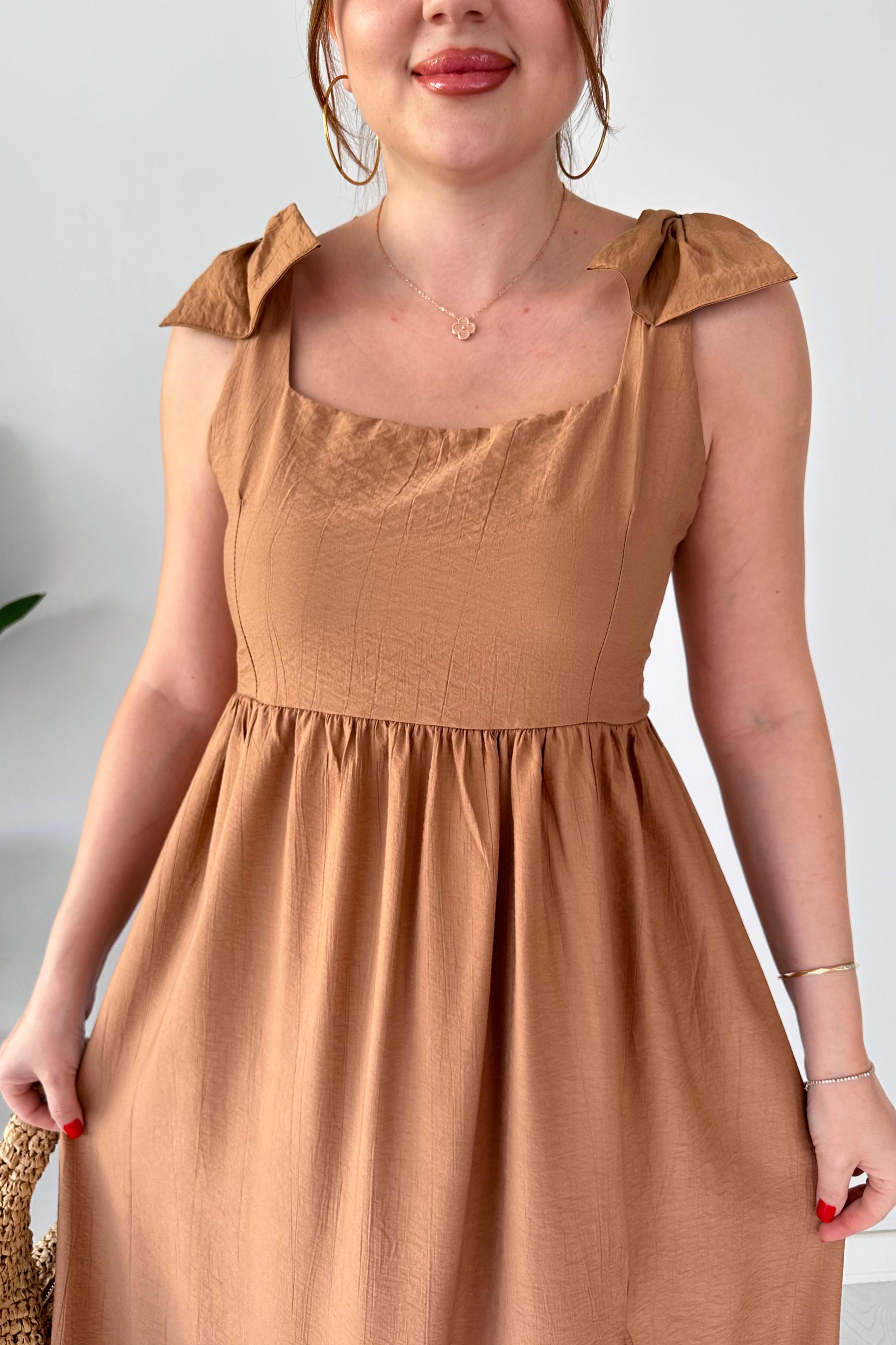 Omuz Fiyonk Keten Elbise