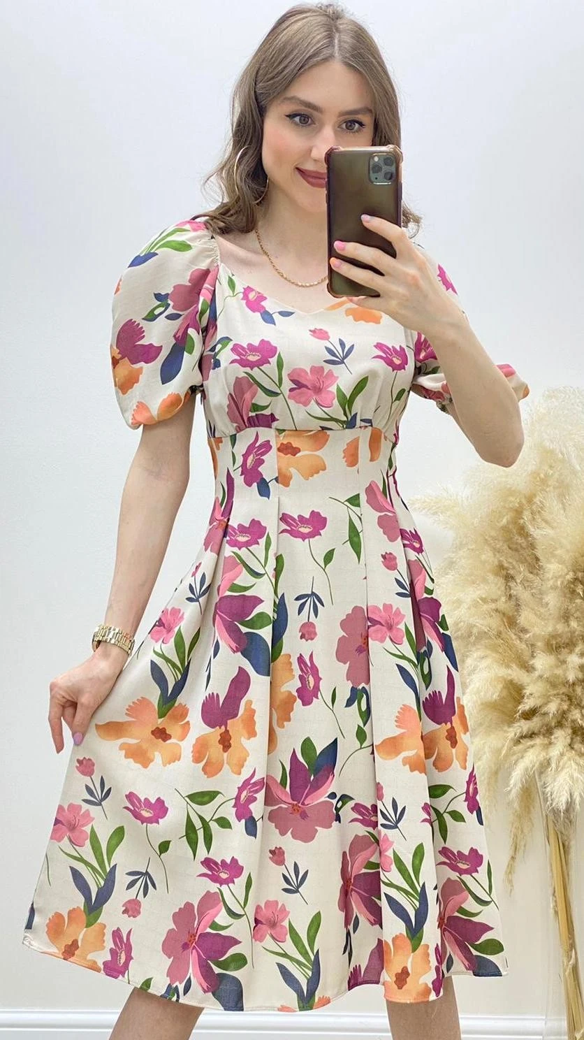 Amber Çiçekli Pileli Elbise Pembe