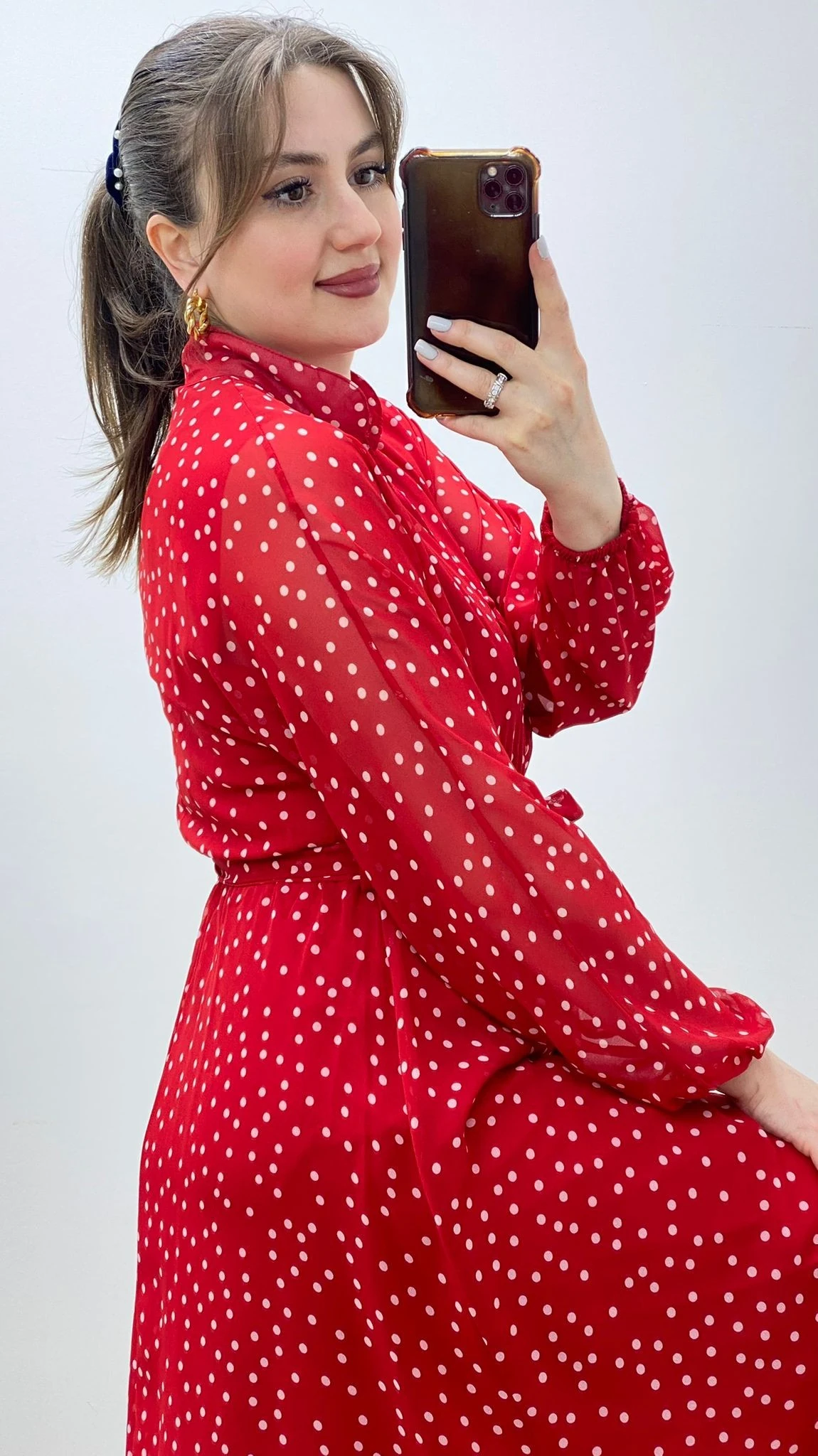 Düğmeli Puantiye Şifon Elbise Kırmızı