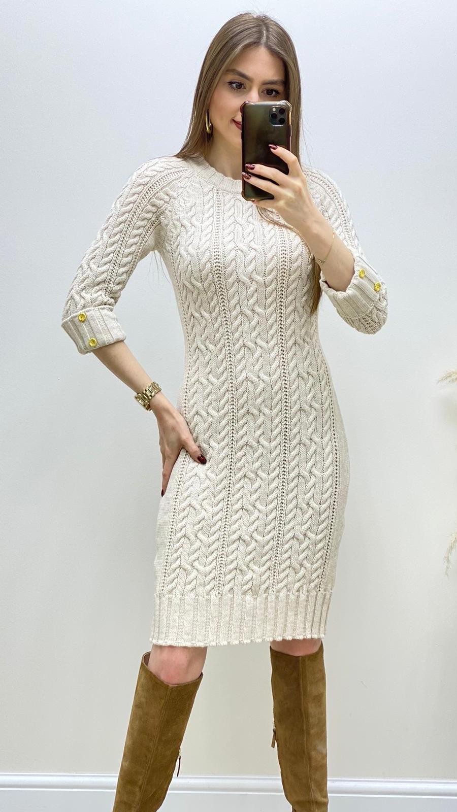Düğmeli Saç Örgü Triko Elbise Krem