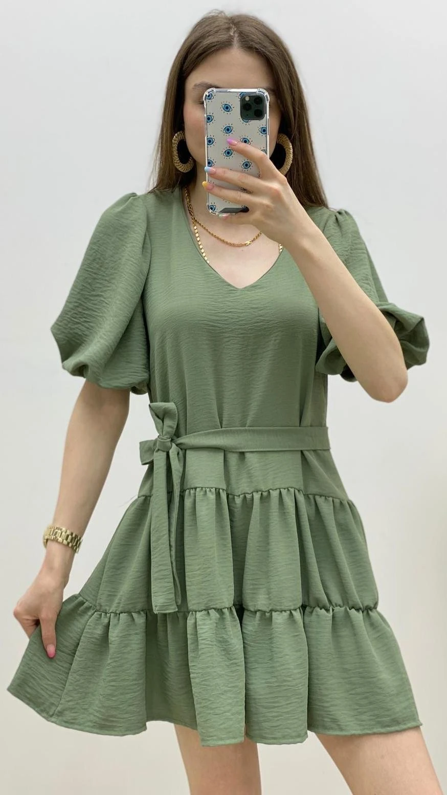 V Yaka Balon Kol Elbise Haki