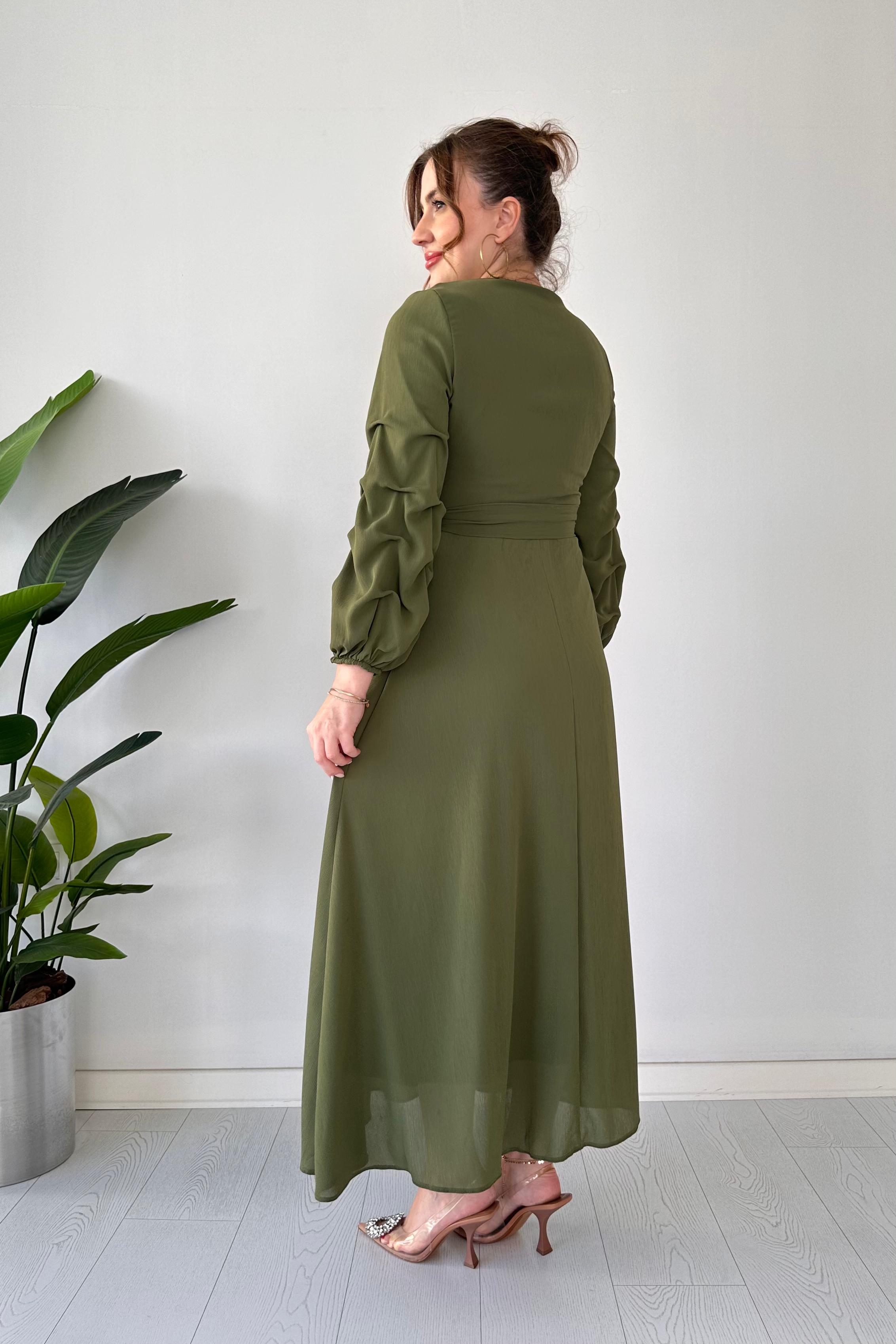 Maksi Boy Şifon Elbise Haki