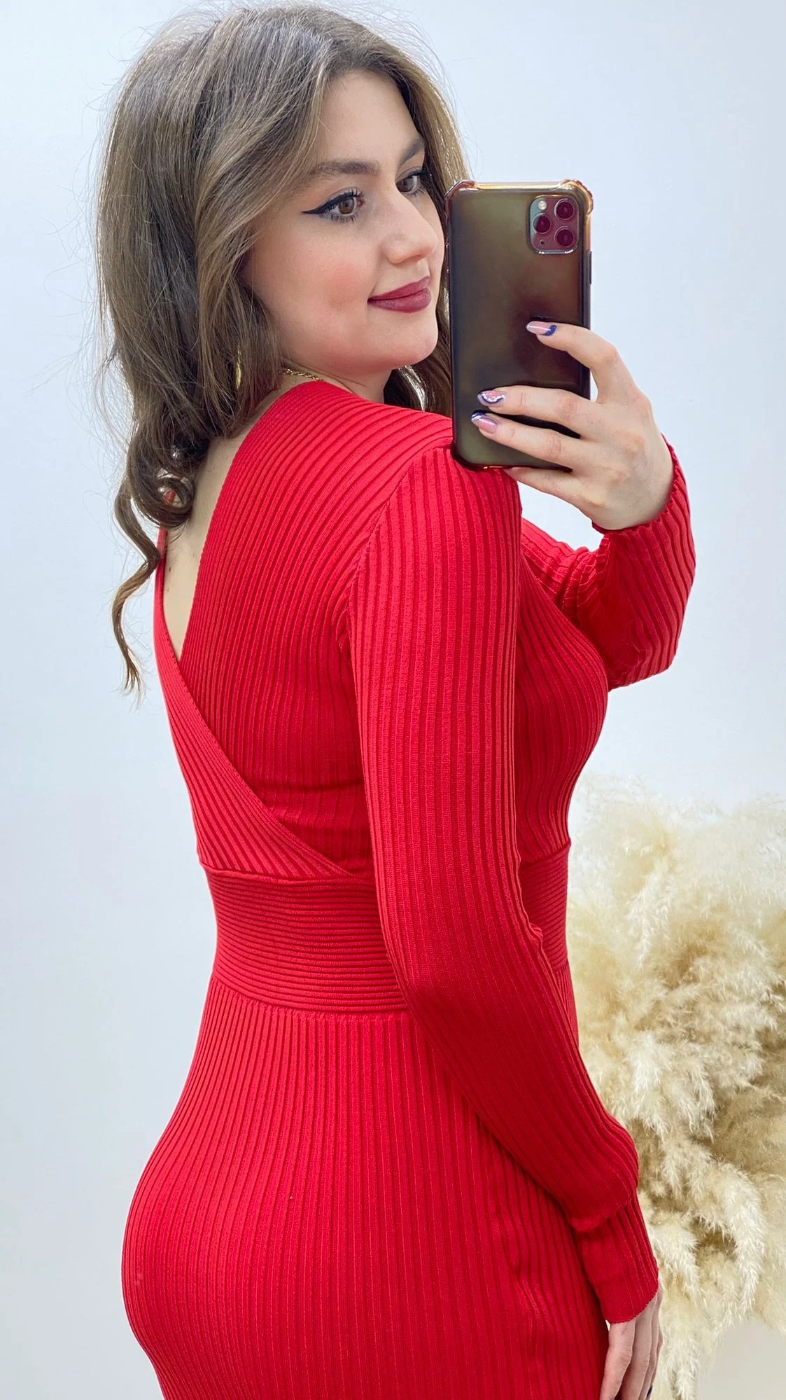 Kruvaze Korseli Triko Elbise Kırmızı