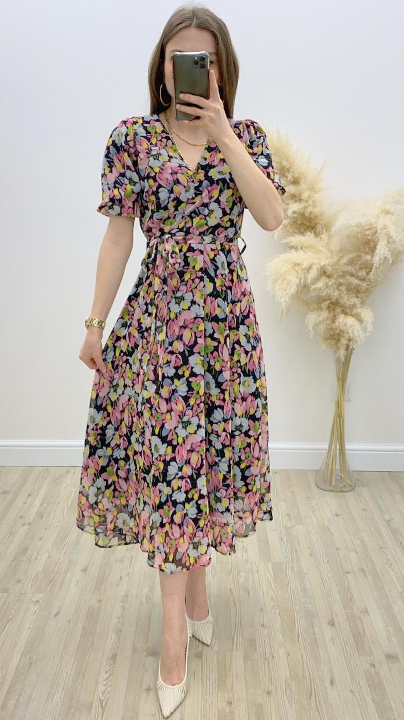 Lale Desenli Şifon Elbise Pembe