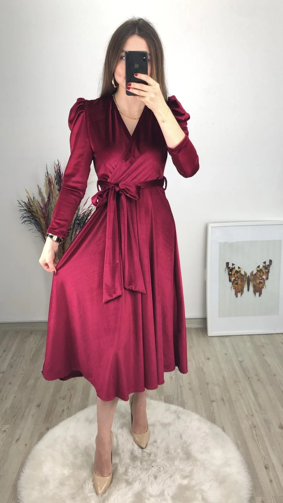 Uzun Kol Kadife Elbise Bordo