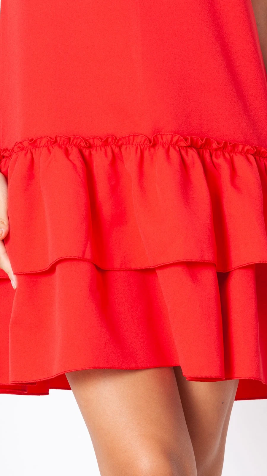 Eteği Volanlı Omuz Detay Elbise Kırmızı