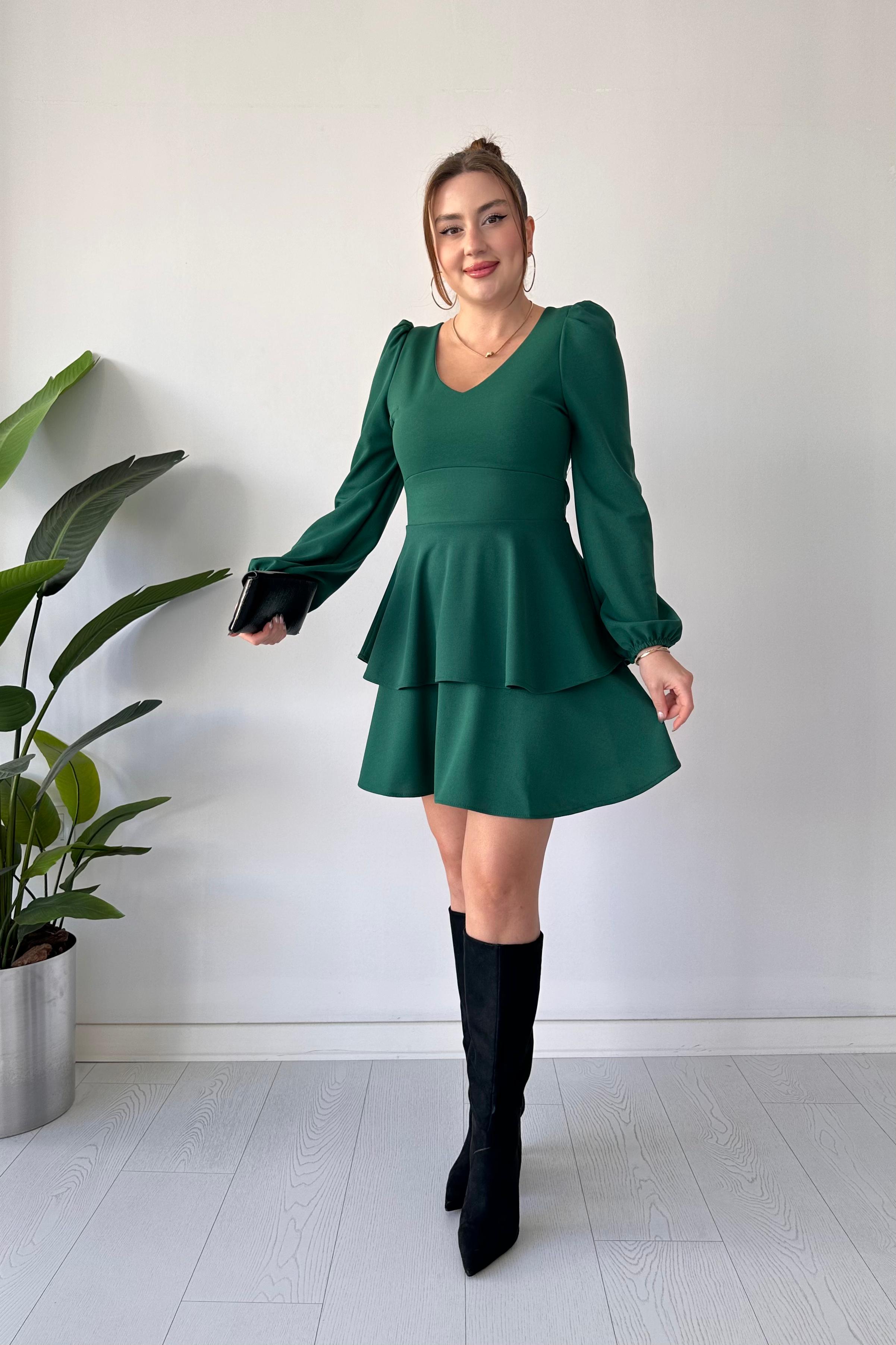 Katlı Krep Elbise Zümrüt