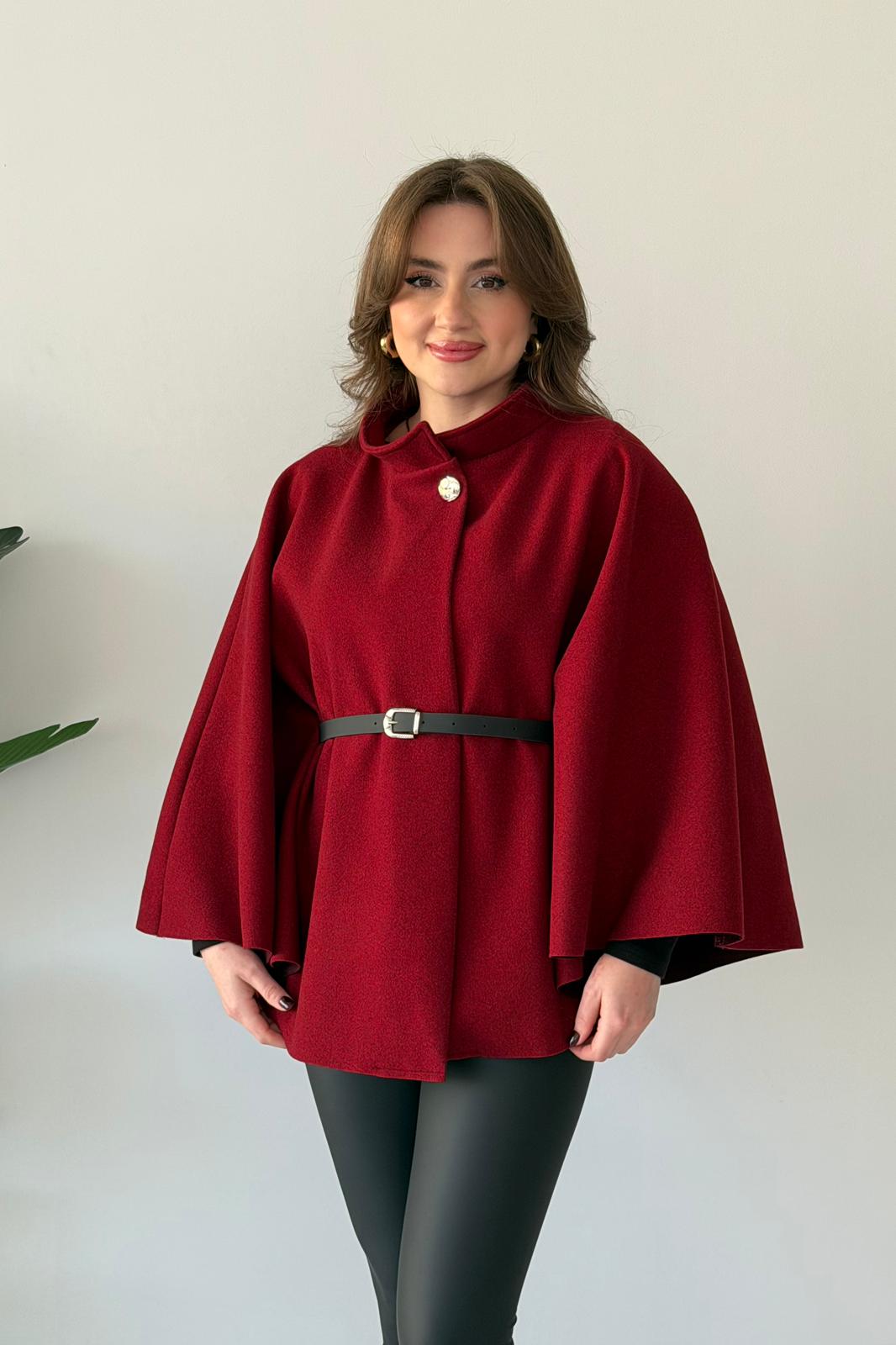 Kemerli Kaşe Panço - Bordo