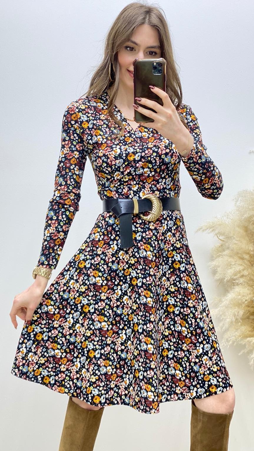 Turuncu Çiçek Desenli Kloş Elbise