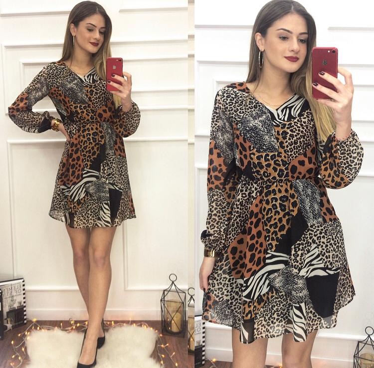 Leopar Desen Şifon Elbise