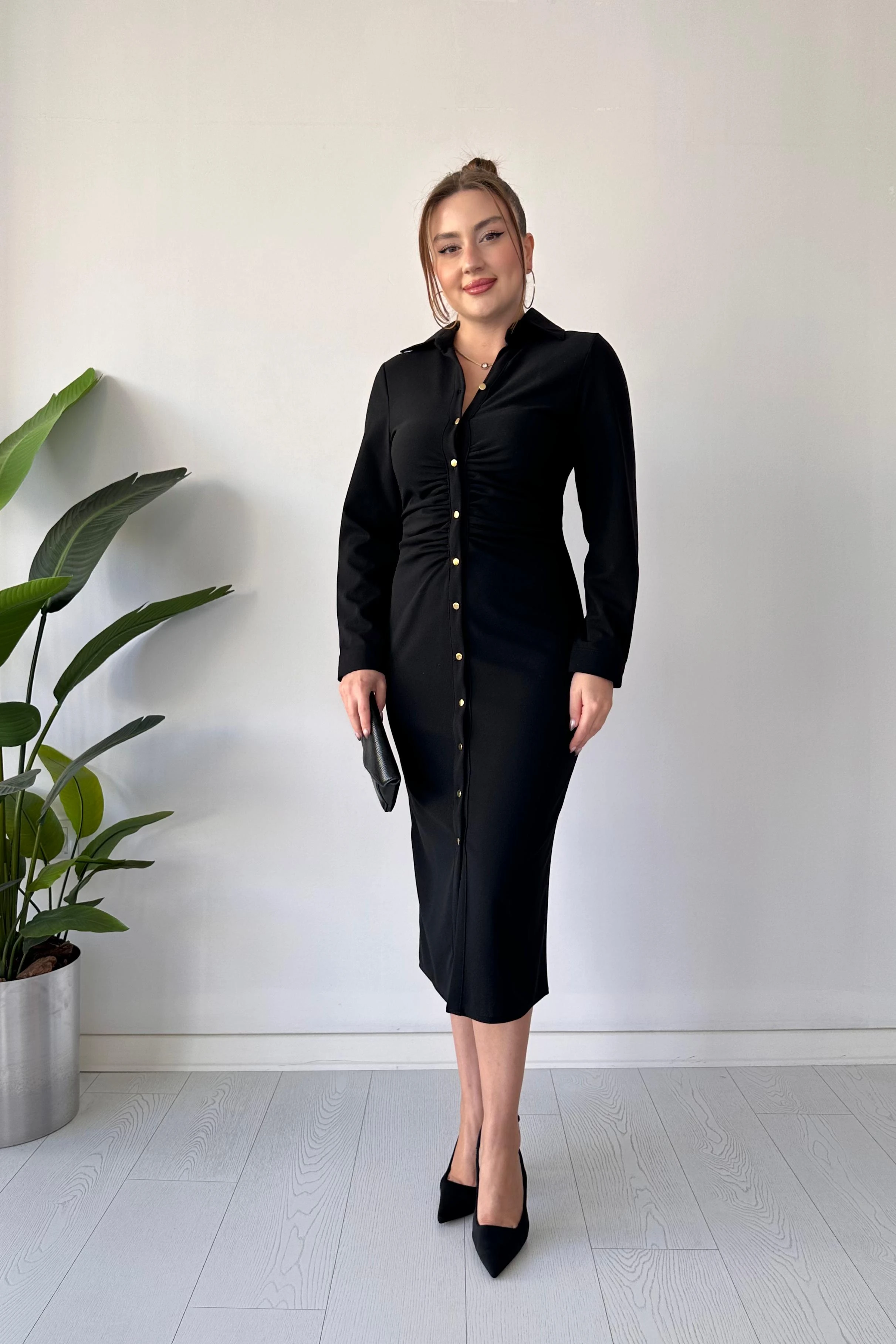 Göğüs Büzgü Gömlek Elbise