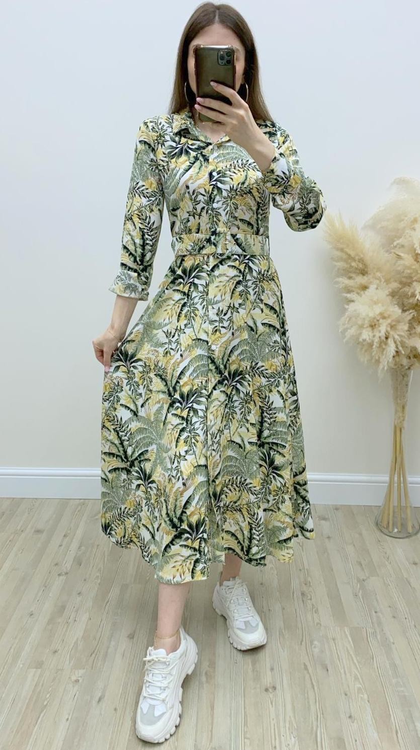 Tropikal Desen Uzun Gömlek Elbise