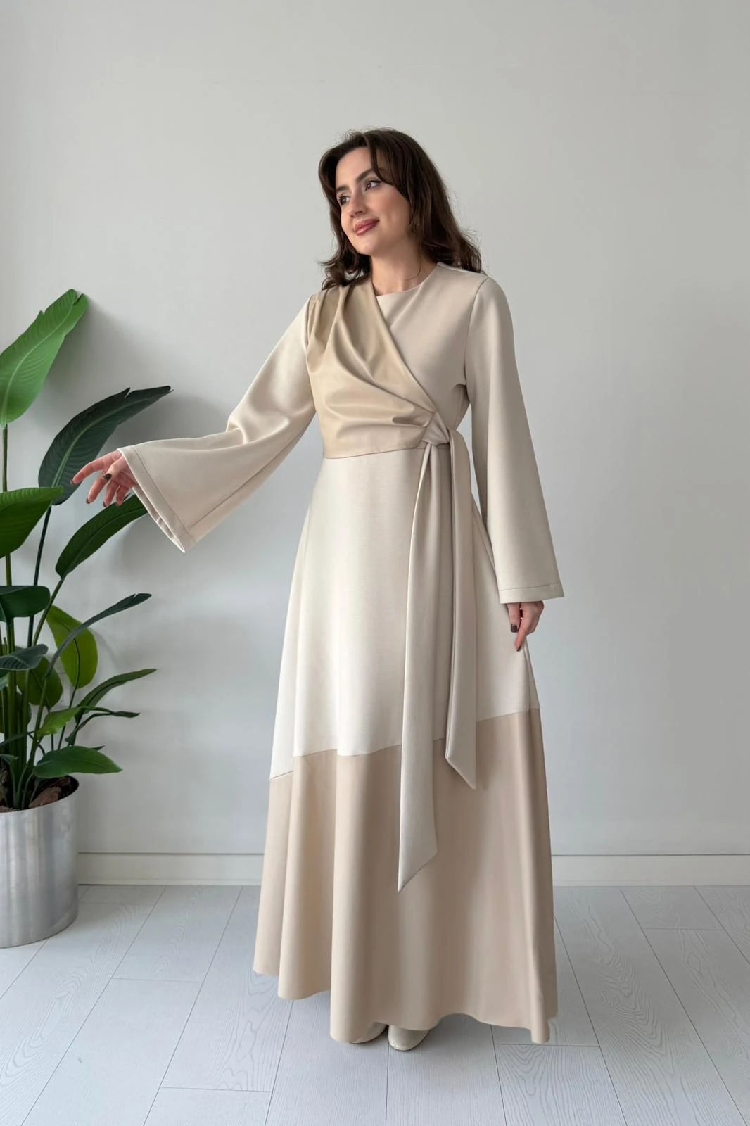 Deri Garnili Elbise - Bej