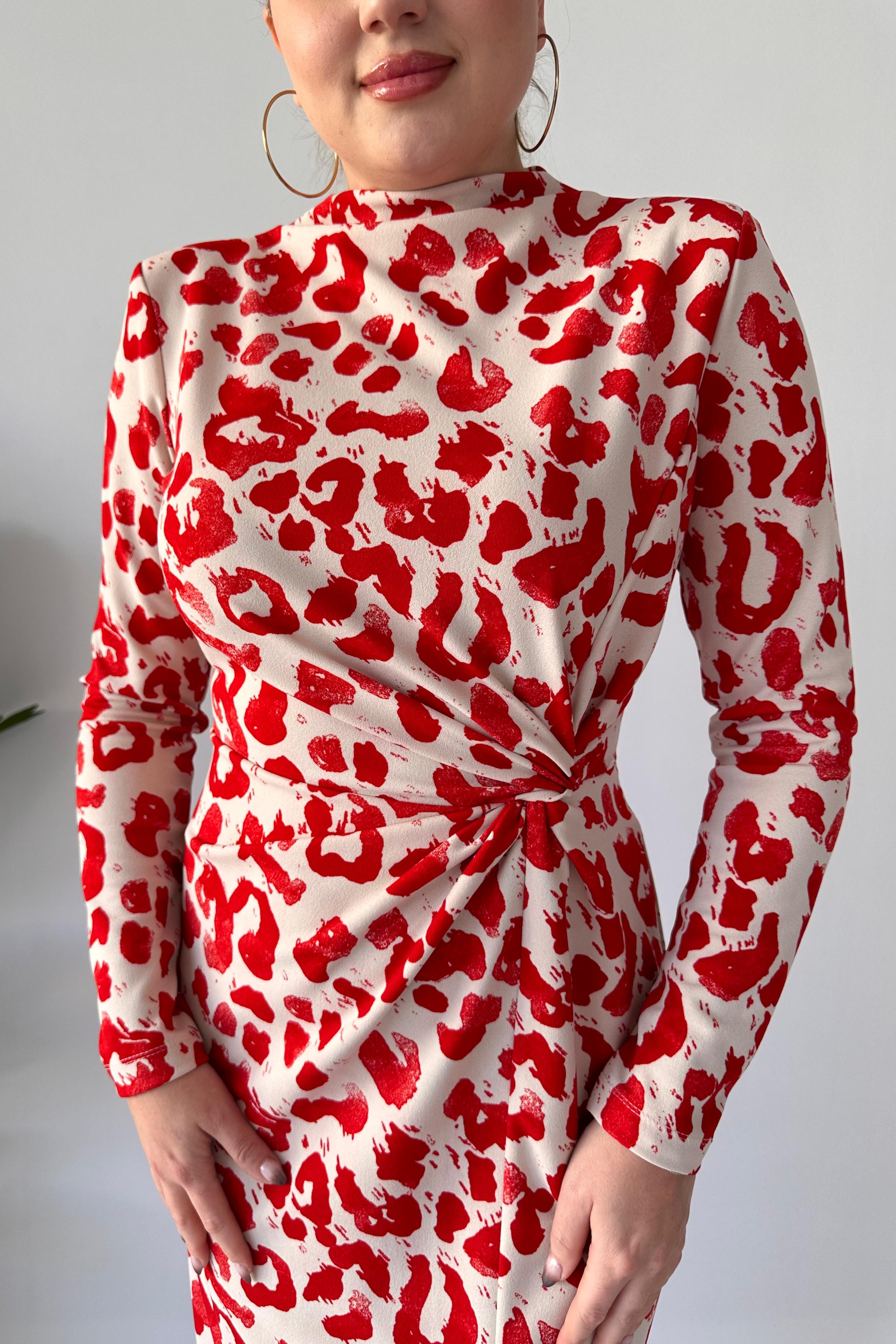 Uzun Kol Leopar Krep Elbise