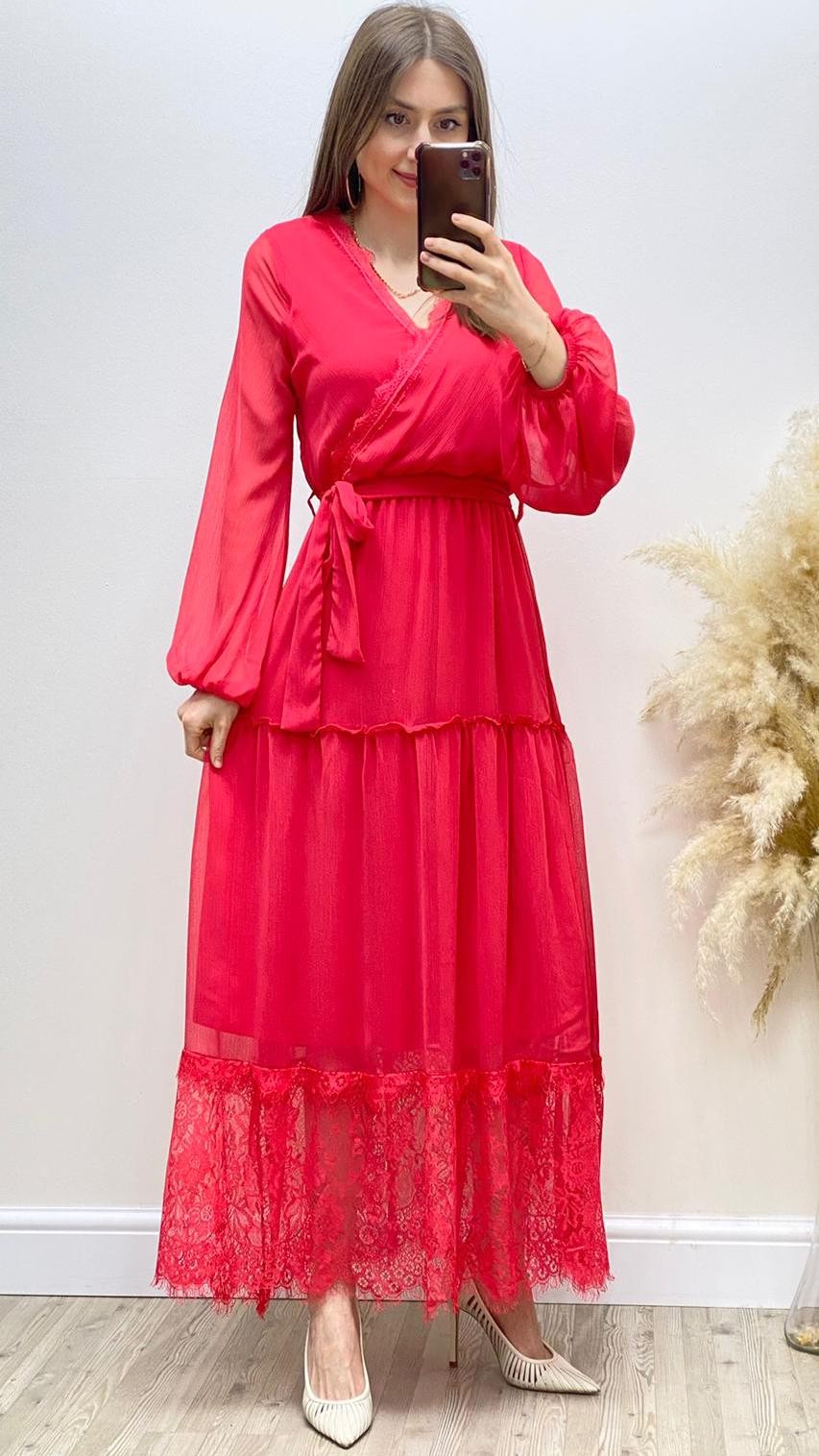 Güpür Etekli Kuşaklı Şifon Elbise Nar Çiçeği