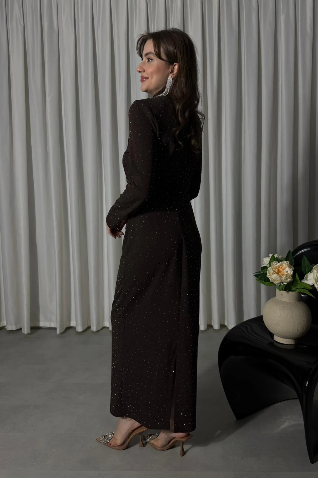 Üç Taşlı Parıltılı Krep Elbise