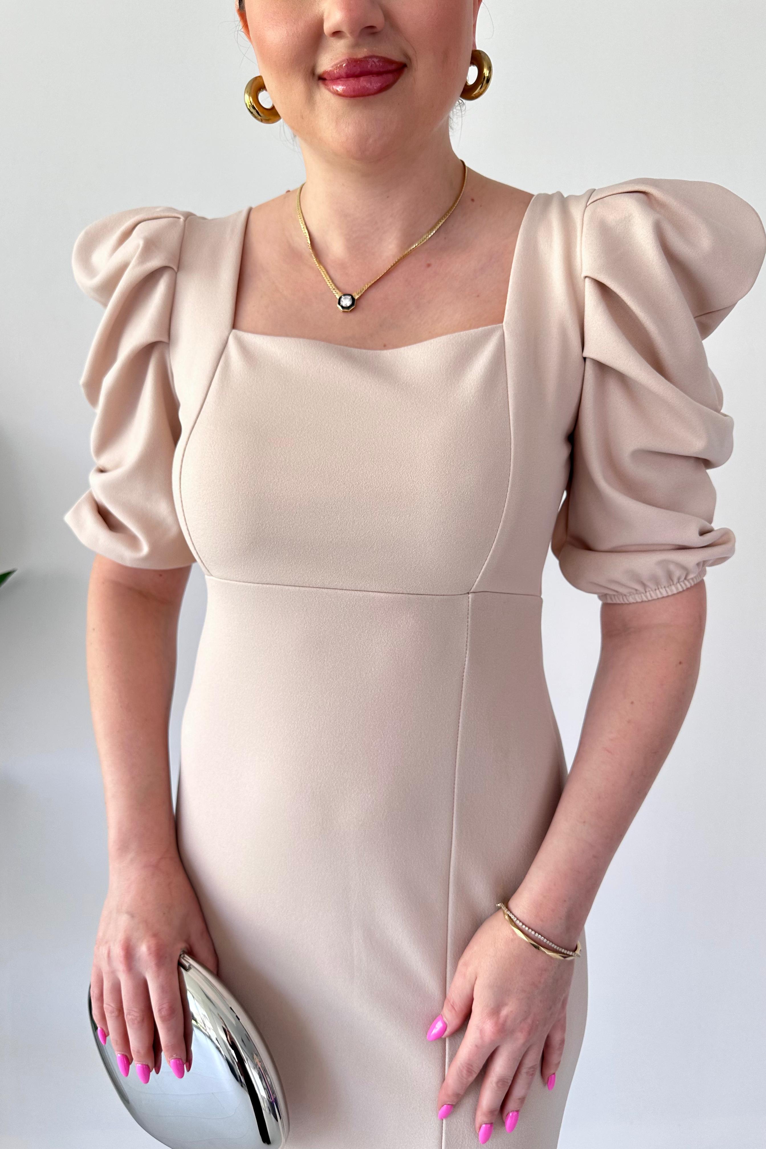 Prenses Kol Krep Elbise Krem