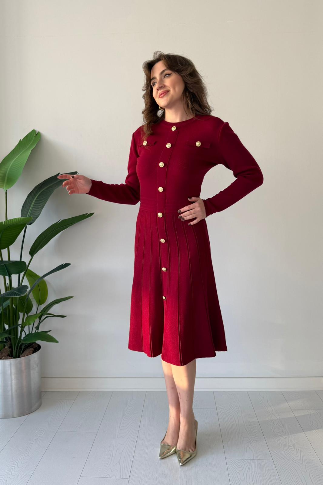 Düğme Detaylı Triko Elbise