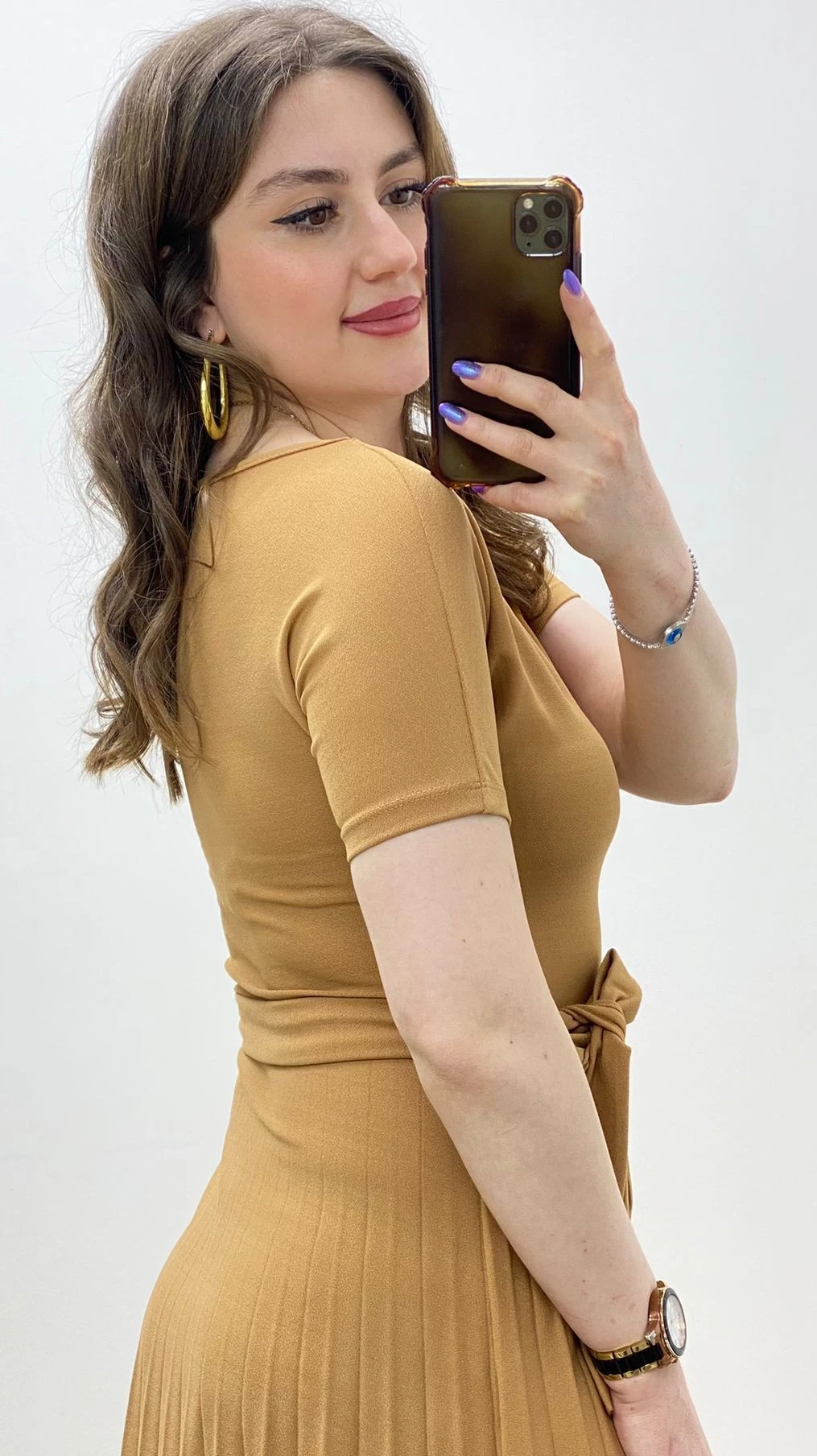 Pileli Krep Elbise Bej