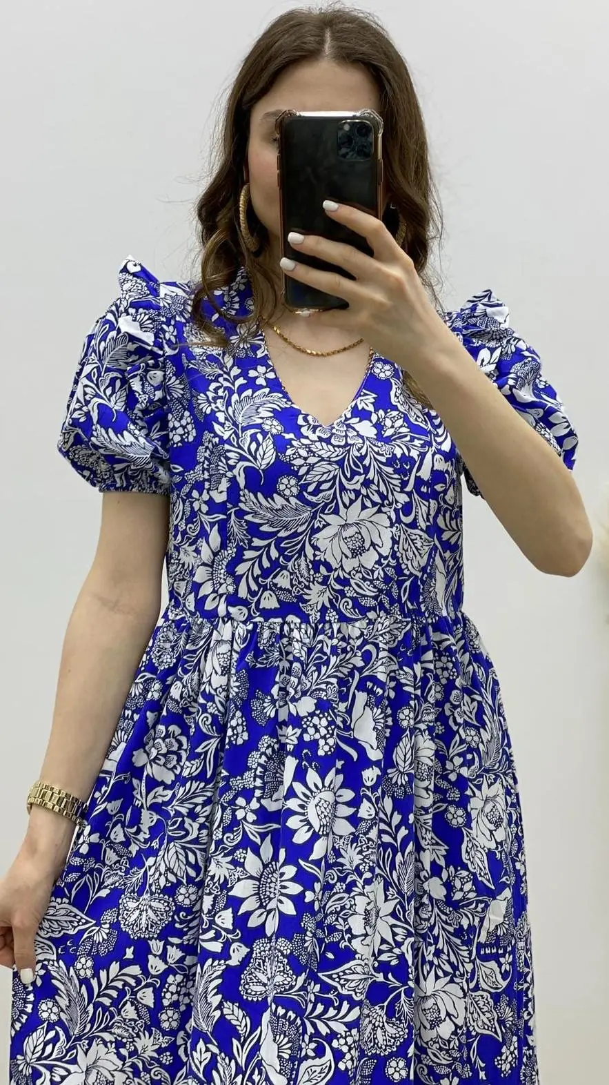 Ayçiçeği Desenli Poplin Elbise Saks Mavi · 2