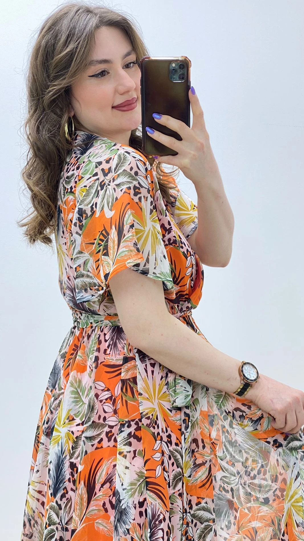 Kısa Kollu Şifon Elbise Turuncu