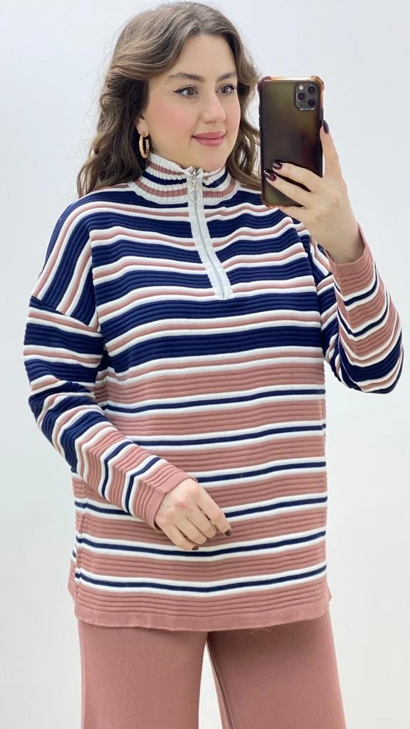 Çizgili Triko Takım Pudra