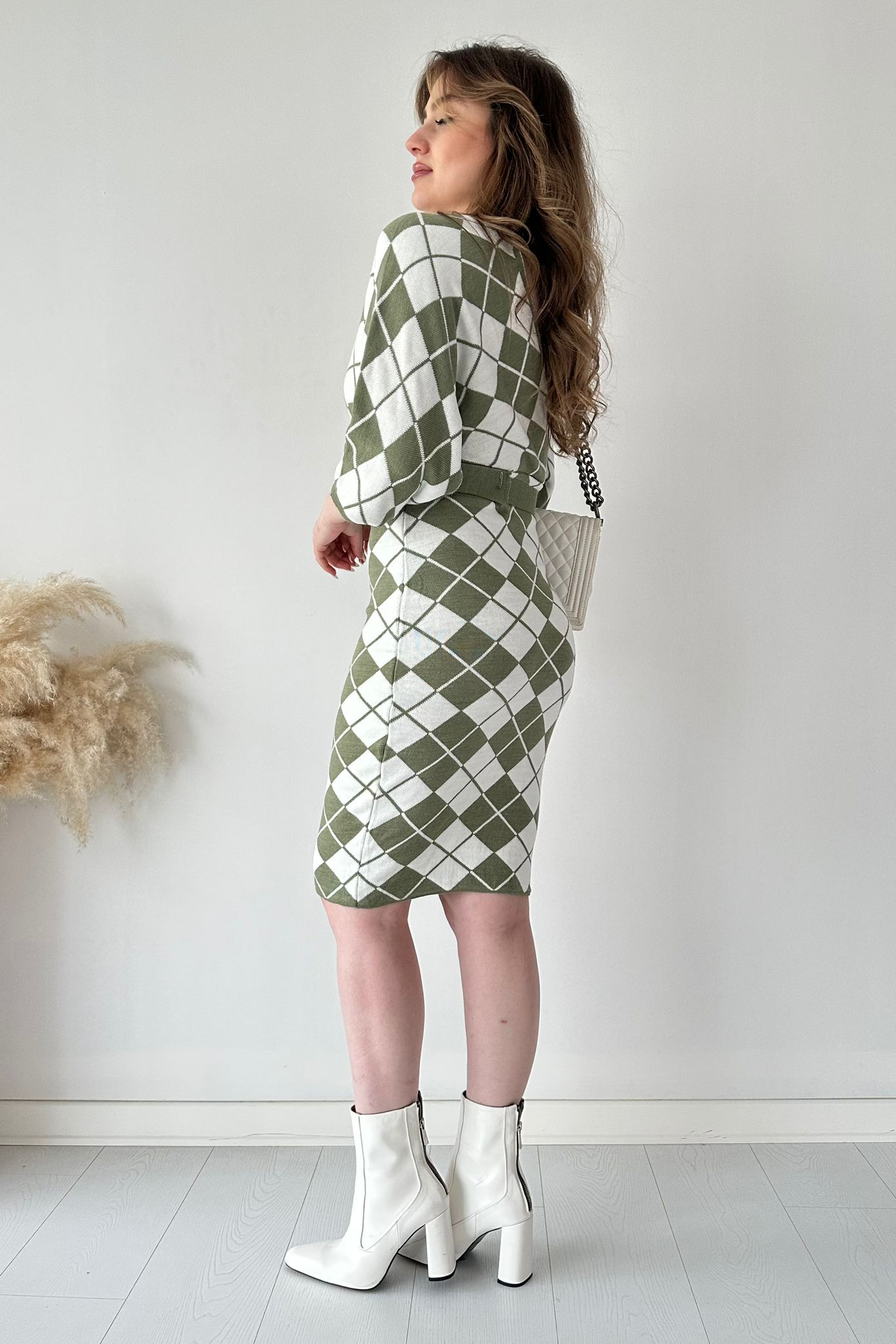 Kruvaze Ekoseli Triko Elbise