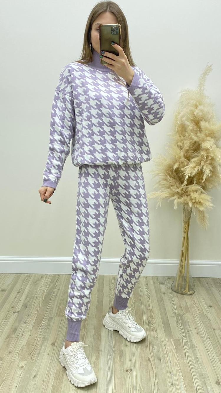 Bel Bağlamalı Kazayağı Triko Takım Lila