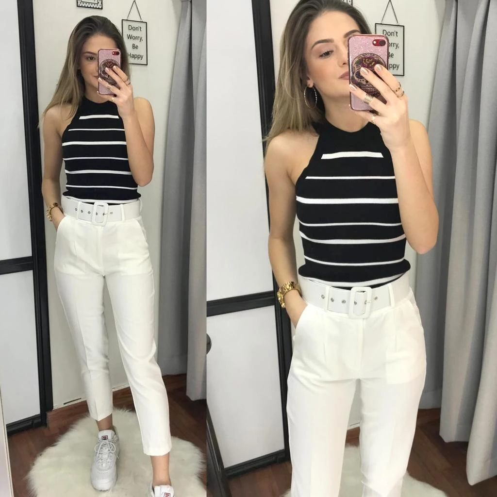 Kemerli Havuç Pantolon-Beyaz