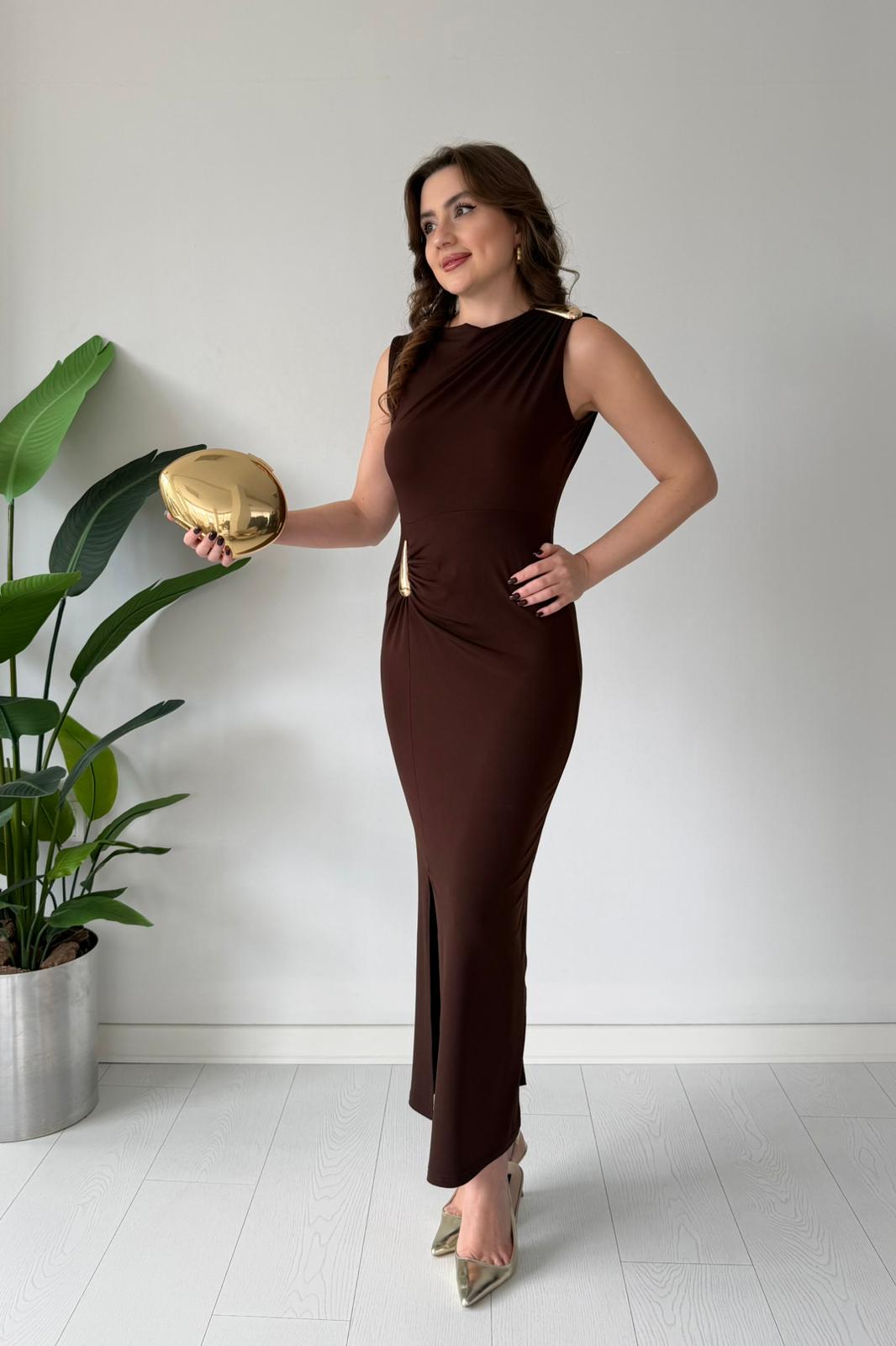 Damla Tokalı Esnek Elbise - Kahve