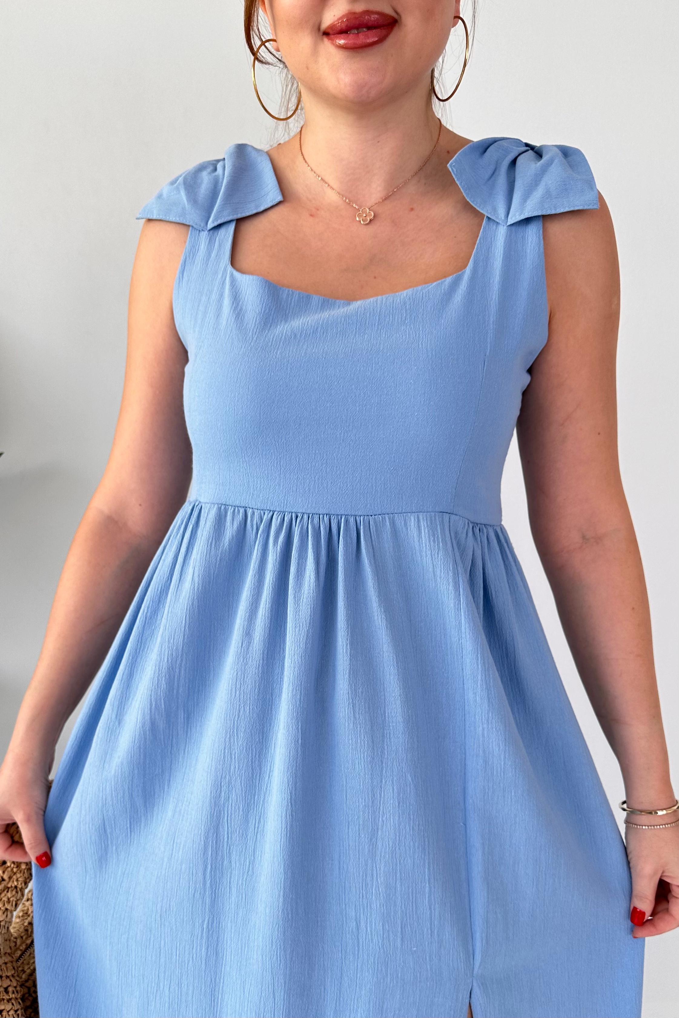 Omuz Fiyonk Keten Elbise