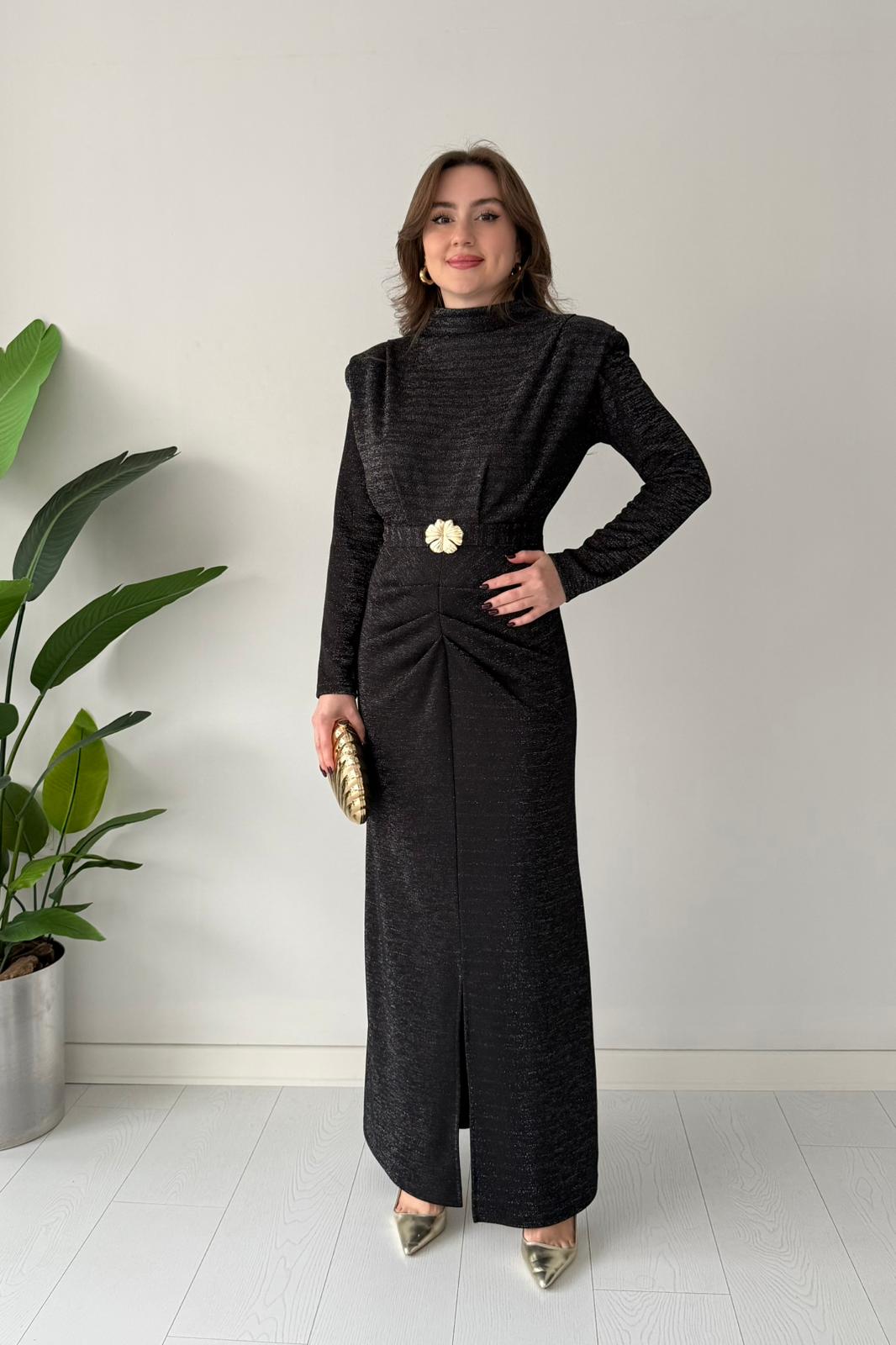 Sim Dokulu Maksi Elbise - SİYAH