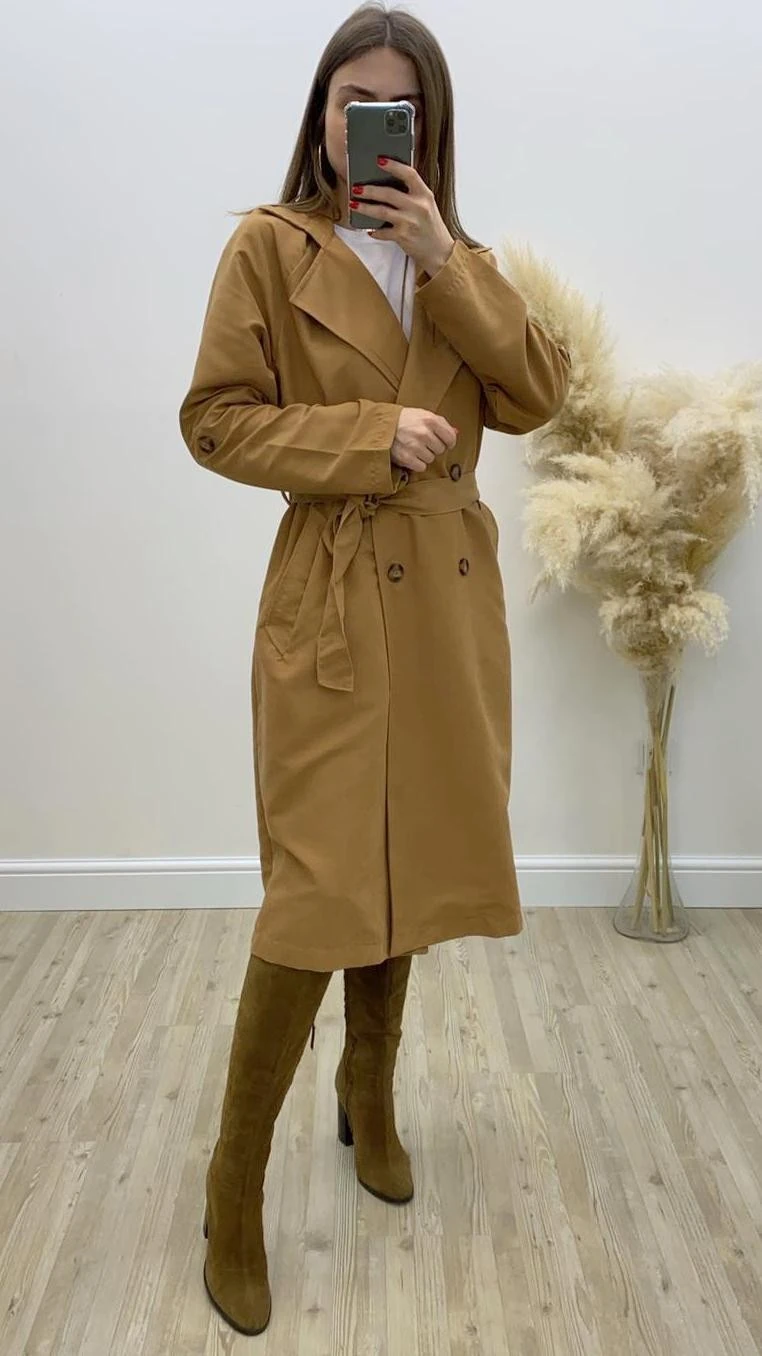 Düğmeli Trençkot Camel