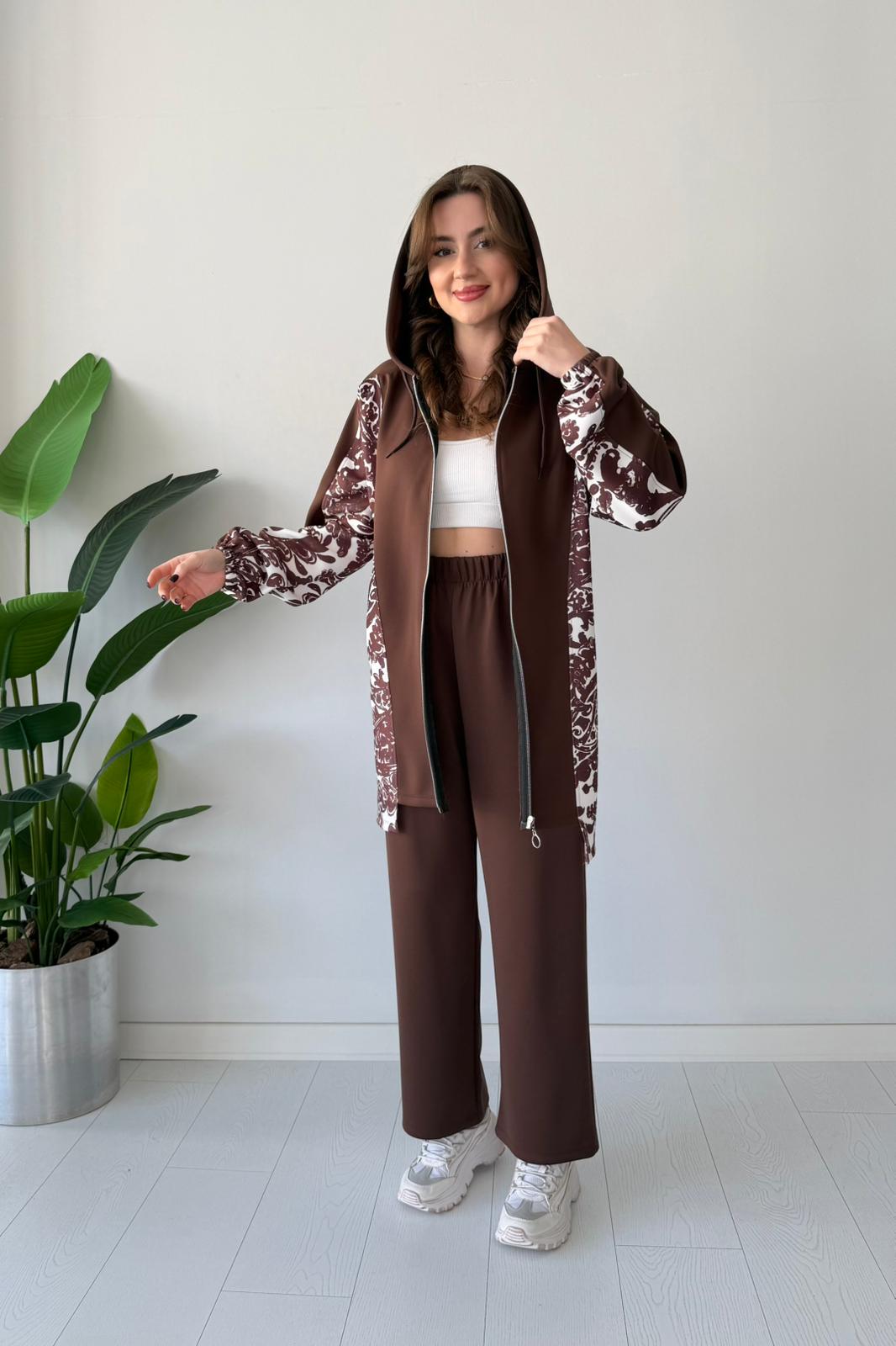 Desenli Scuba Takım - Kahve