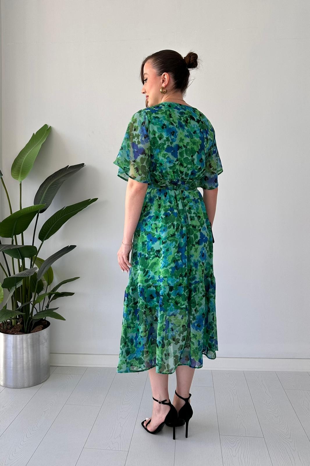 Floral Kemerli Şifon Elbise