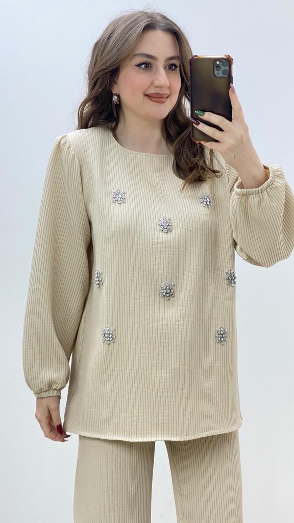 Taşlı İkili Takım Bej