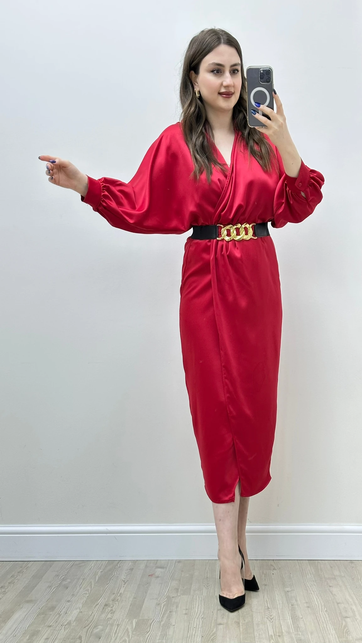 Yarasa Kol Saten Elbise Kırmızı