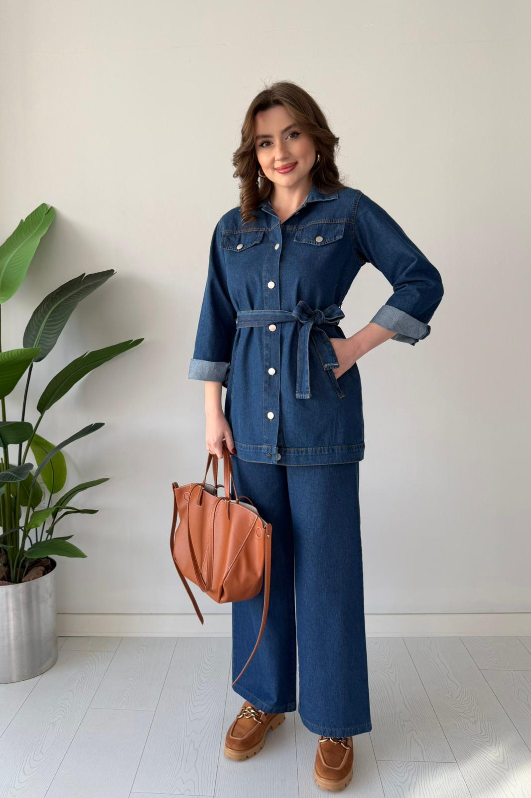 Kuşaklı Denim Takım