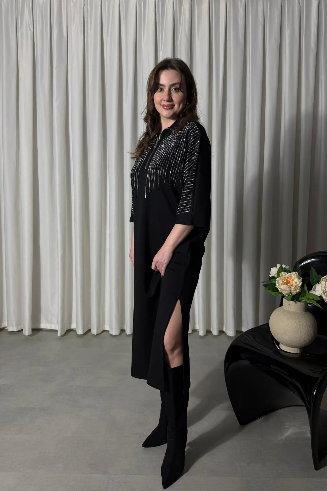 Yarım Kol Parıltılı Elbise