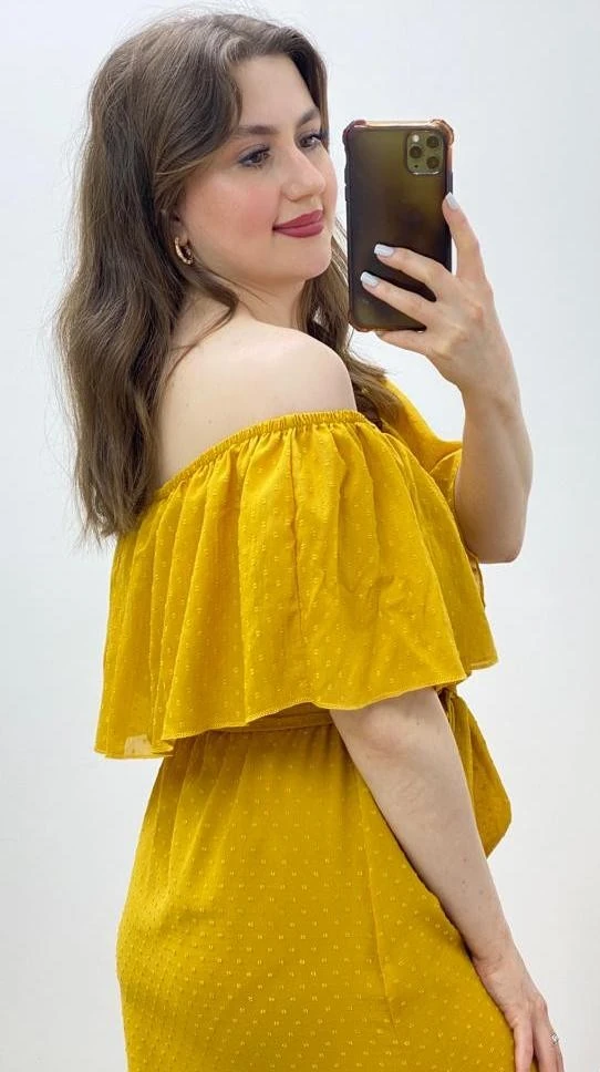 Kabarcık Puanlı Madonna Elbise Hardal