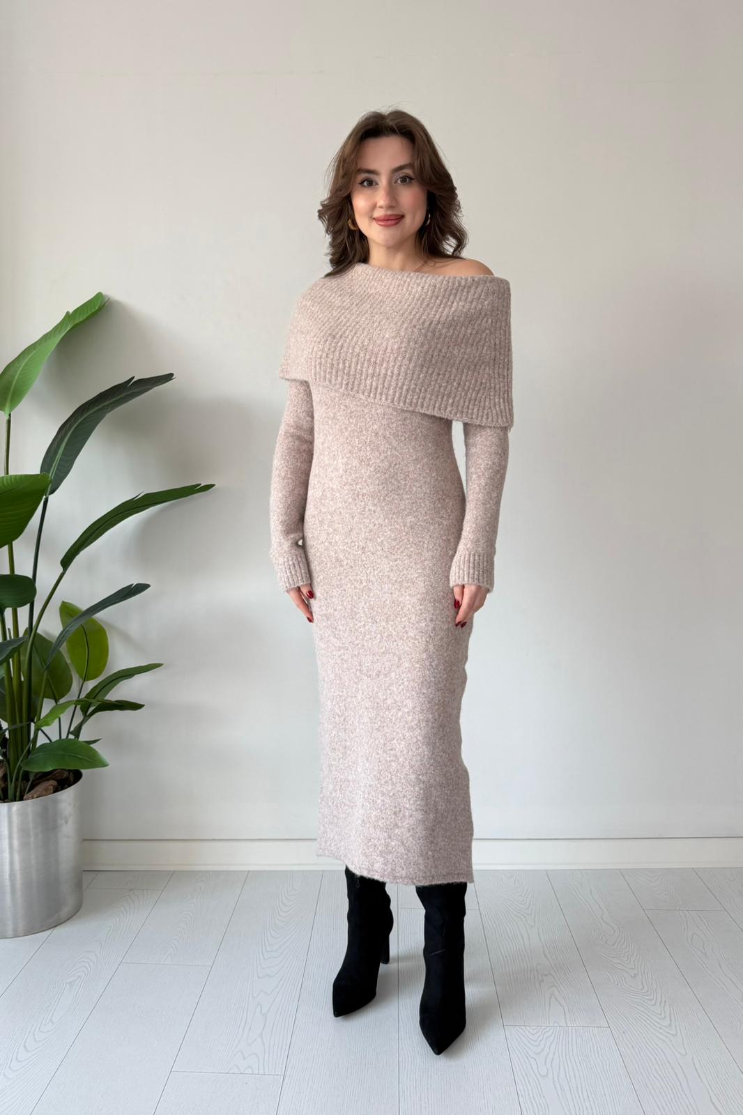 Düşük Omuz Triko Elbise - Taş