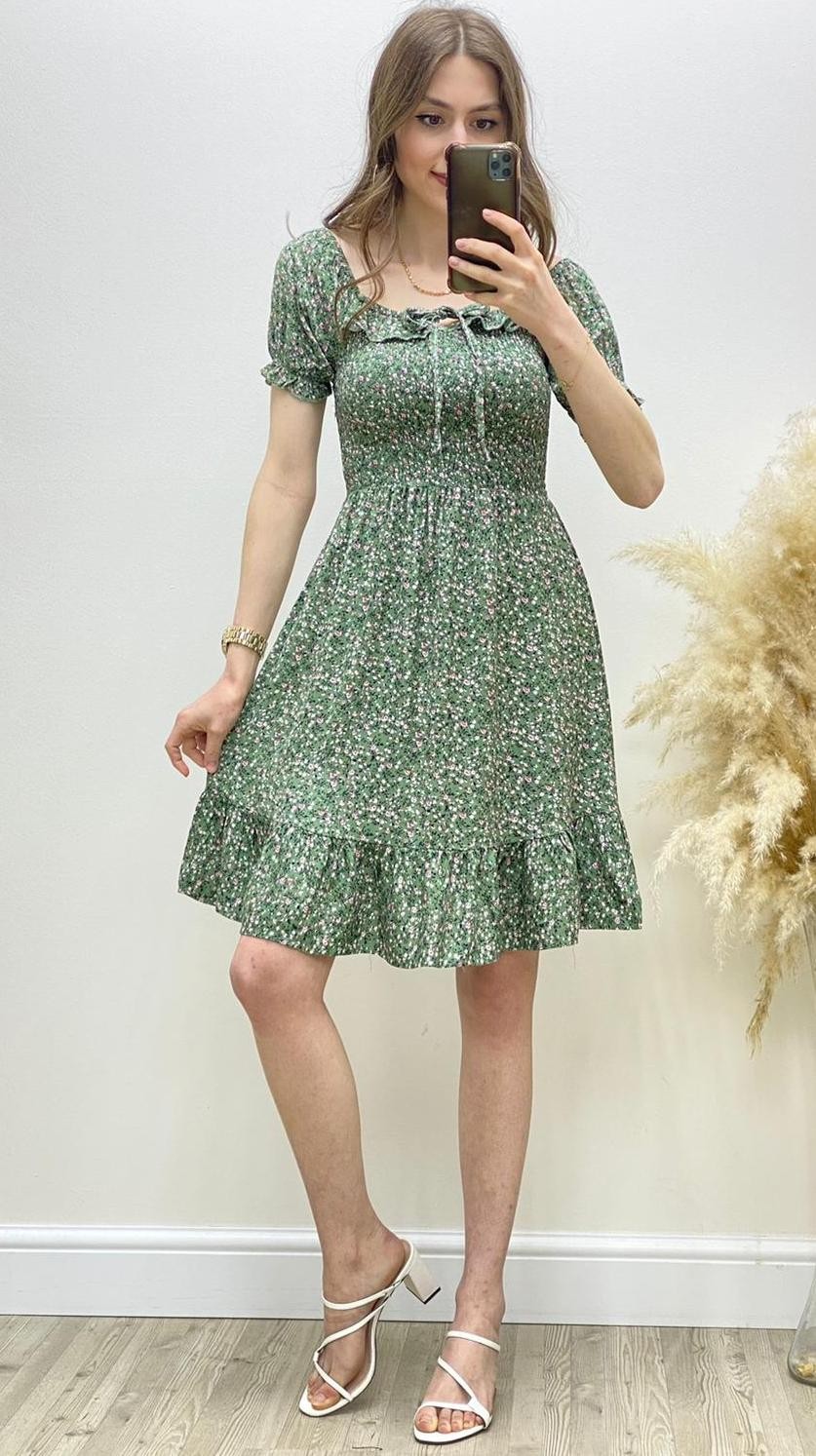 Kısa Kol Çıtır Desen Gipeli Kloş Elbise Mint