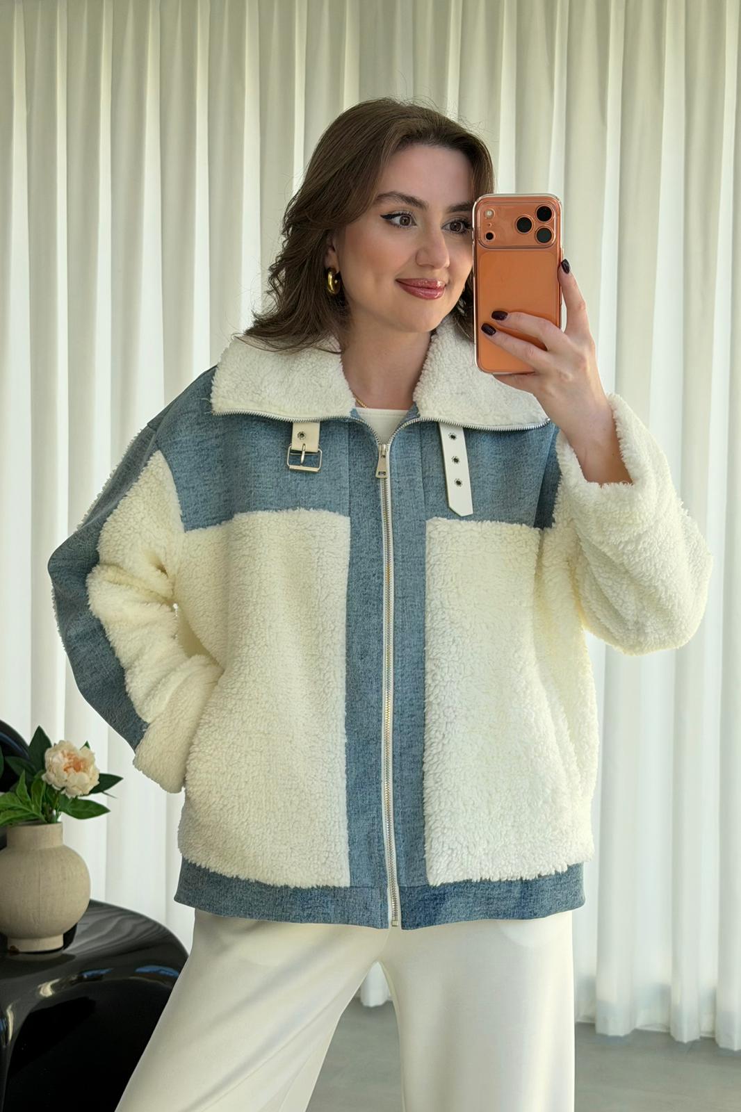 Denim Garnili Peluş Ceket