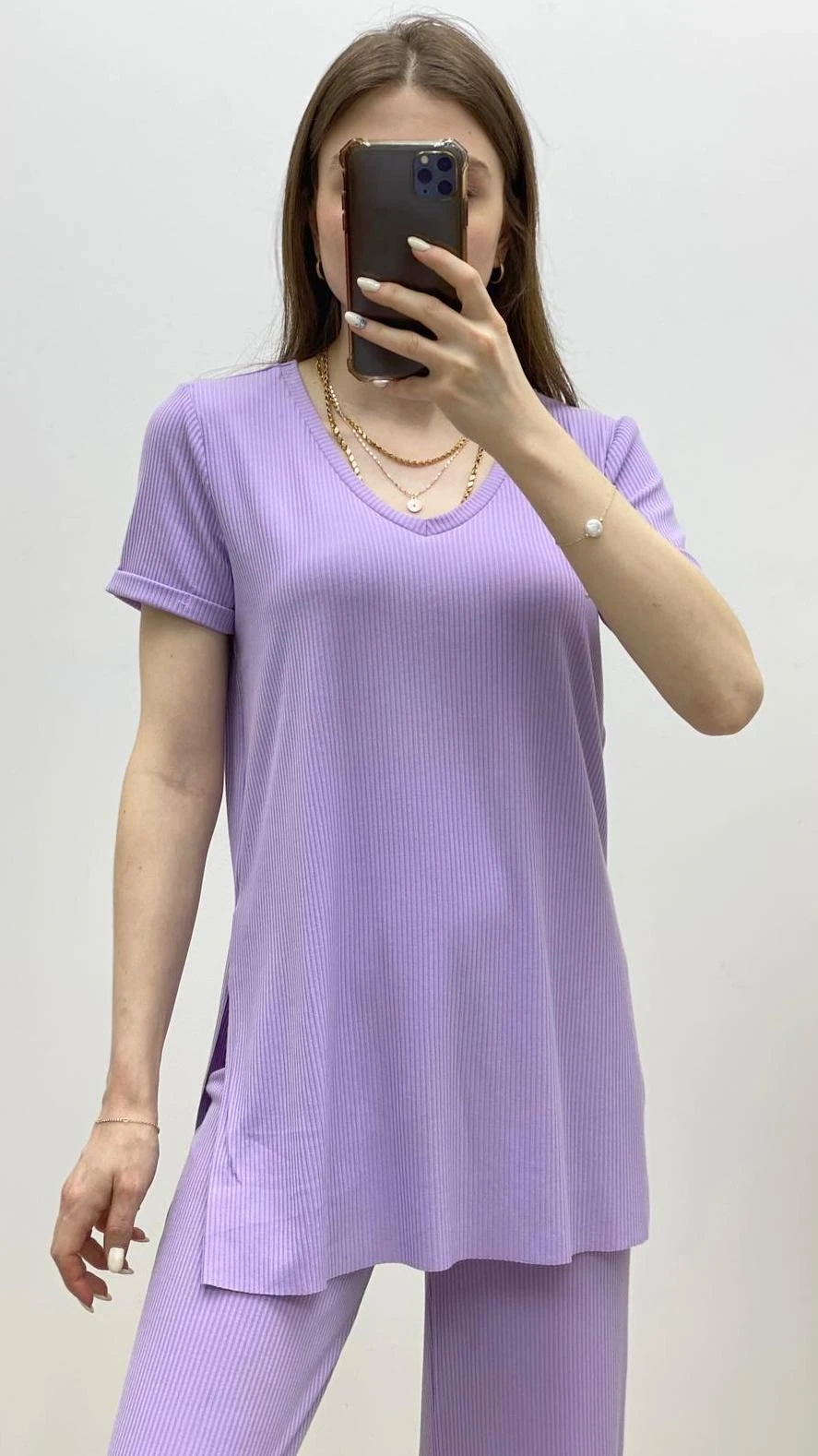 V Yaka Bol Paça Kaşkorse Takımı Lila