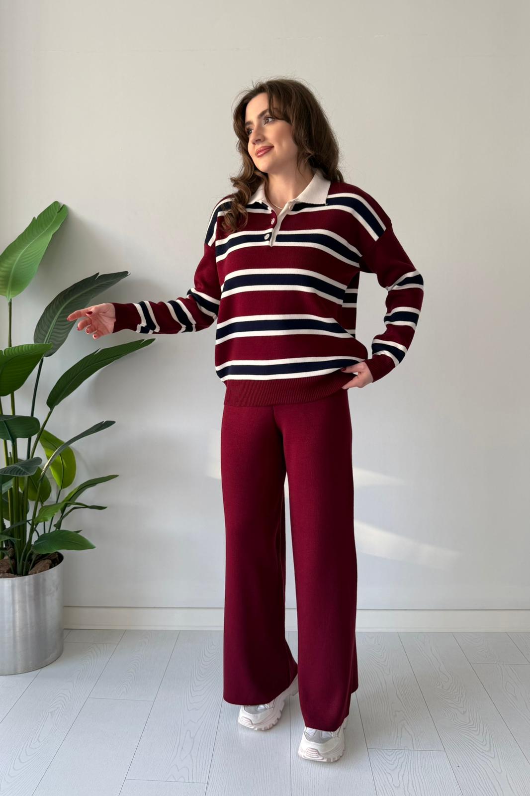 Polo Yaka Çizgili Triko Takım - Bordo