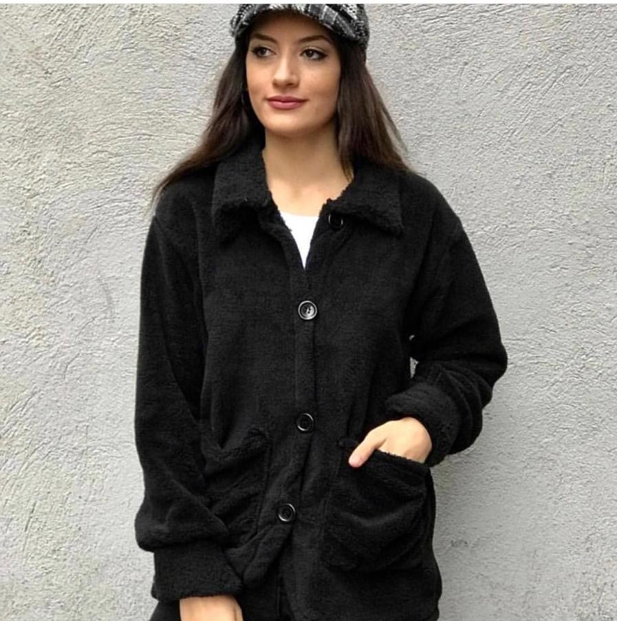 Peluş Düğmeli Sweat Siyah