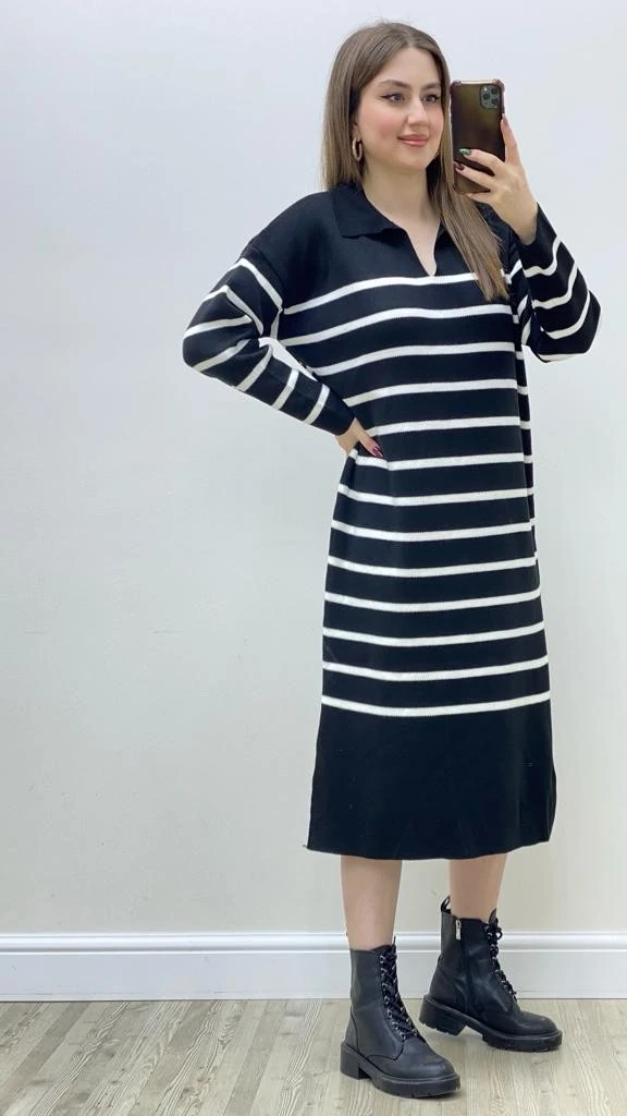 Dökümlü Çizgili Triko Elbise Siyah